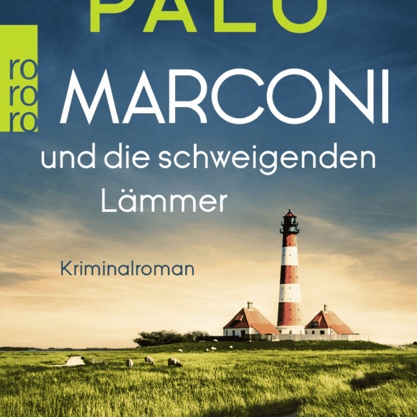 Leuchtturm an der Küste mit grünem Rasen und Wasser im Vordergrund.