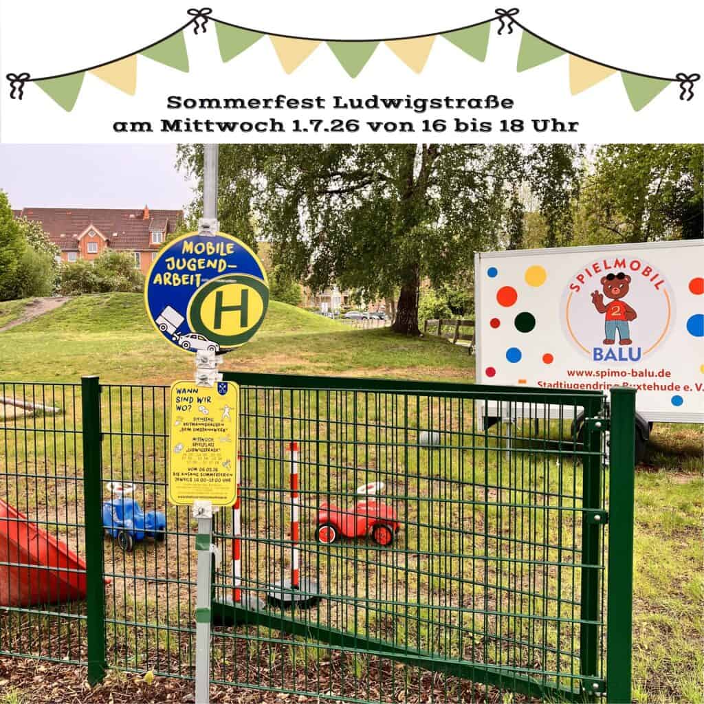 Hier ist eine Abbildung des Spielplatzes Ludwigstraße mit dem Spielmobil zu sehen mit Hinweis zum Sommerfest.